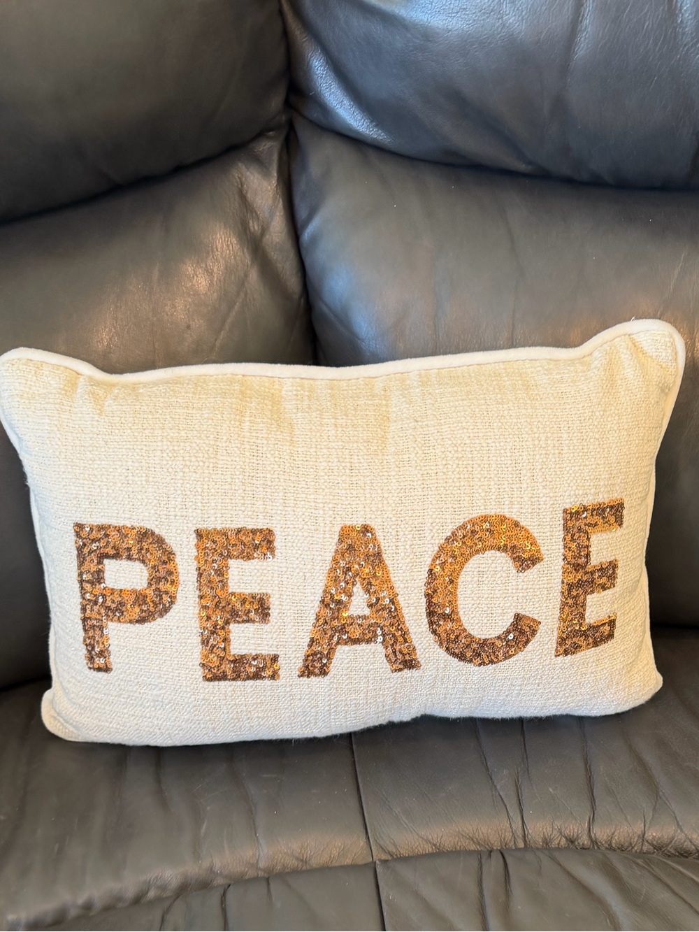 PEACE Sequin Accent Pillow - Cream with Gold Lettering